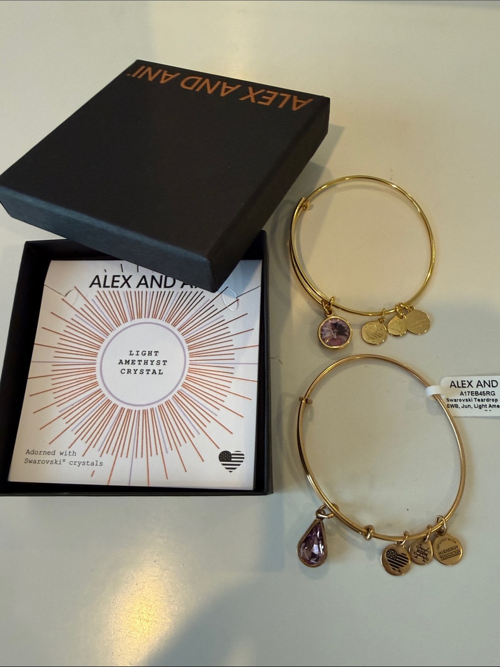 Alex and Ani Gold Tone Bangle Bracelet Set with Light Purple Crystal Charms